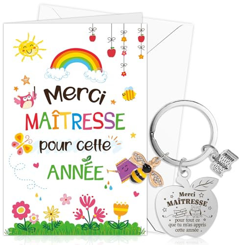 DPKOW Original Cadeau Merci Maîtresse d'École Fin d'Année, Merci Maîtresse Carte avec Enveloppe Porte-Clés Maitresse Maternelle Cadeau Remerciement Institutrice, Merci pour Cette Annee