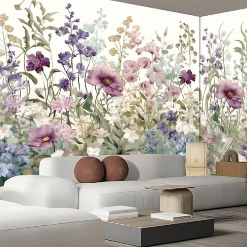 3D Fototapete Englisch Garten Tapete, Blumen Pflanzen Panorama Tapete Für Wohnzimmer, Schlafzimmer, Kinderzimmer, Wanddekoration 352x250cm (B×H), Moderne Art Wandtapete, Weiß