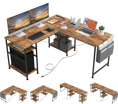 Aiorber Gaming Schreibtisch 140x140cm, L-förmiger Eckschreibtisch mit Steckdose & USB,Reversibler Computertisch, Schreibtisch mit 4 Ablagen und Seitentaschen für Homeoffice und Gaming