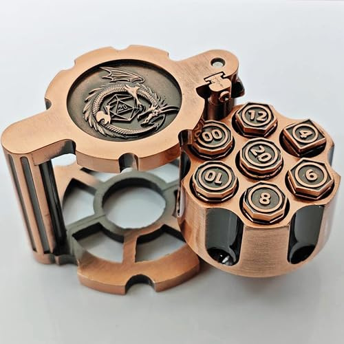Revolver Metallwürfel-Set, 7-teilig, polyedrische Kugelwürfel mit drehbarem Revolver-Zylindergehäuse, Cyberpunk-Stil, Tisch-RPG-Würfel für Dungeons und Drachen, Tischspiele