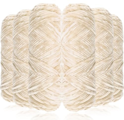 Exquilnova 6 x 100g Chenille Wolle zum Häkeln, Dicke Wolle zum Stricken, Velvet Chenille Garn, Flauschige Weiche Plüschwolle Häkelwolle Samtig Chenillegarn für Decke, Taschen, Schals, Kuscheltiere