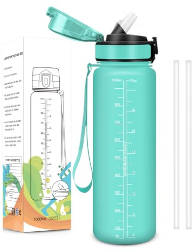 Baramumu Borraccia 1000ml Senza BPA, a Prova di Perdite, Borraccia con Cannuccia, Reutilizables, Borracce Palestra, Bottiglia Motivazionale per Palestra, Ufficio, Running, Ciclismo, Blu Verde