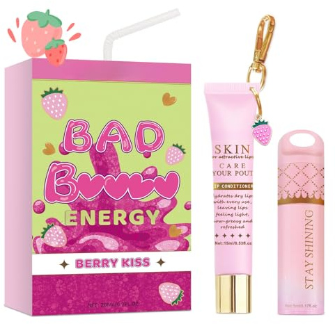Lip Conditioner & Lip Oil Set,Moisturizing Natural Lip Care Set,Lip Gloss Balm Multipack for Dry and Chapped Lips,Natural Lip Gloss Plumper for Hydration & Repair,Gifts for Teenage Women (Strawberry)