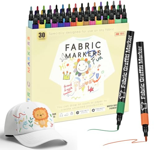 APXEL 30 Fabric Markers Pens, 30 Color Indelible and Permanent Fabric Paint | Non Toxic Fine Point Textile Marker Pen for Clothes Tshirt Plain Tote Bags Canvas Shoe Adults kids Crafts Kit