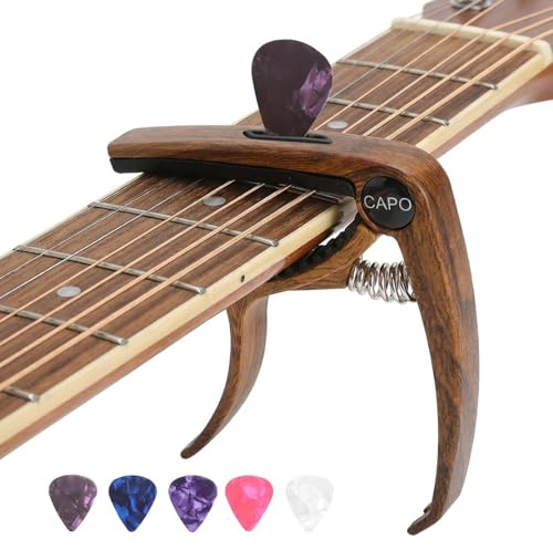 LOLANIUT Kapodaster Capo für Gitarre mit 5 Plektren, präziser Kapodaster mit Holz Design, Drei-In-Eins Instrumentenzubehör, perfekt für Akustikgitarre, Westerngitarre und Musikinstrumentteile