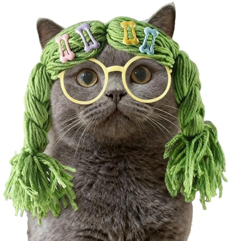 Perücke Katzen Verkleidung Zöpfe und Brille