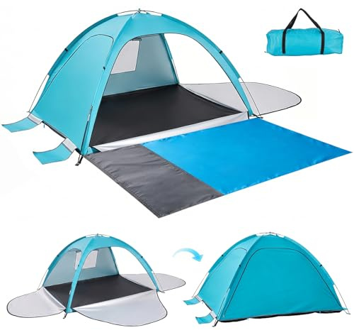 Strandzelt Strandmuschel mit Wasserdichter Strandmatte, UV Schutz 50+ | Sonnenzelt für 3-4 Personen, 3 Türen Belüftung & herausnehmbarer Boden, Tragbar Windschutz Baby Zelt für Strand Urlaub