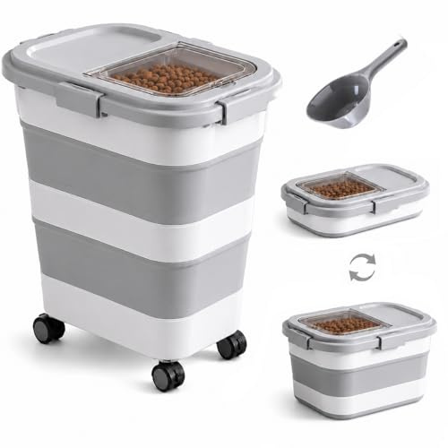 Dog Food Storage Container, 25L / 10-15KG Large Pet Food Storage Container | Airtight and Collapsible with 360° Casters, Includes Measuring Scoop, Suitable for Cats, Dogs, Birds, Dry Food, and Seeds