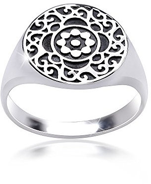 MATERIA Damen Ring Siegelring Blüte floral 925 Silber antik breit #SR-119, Ringgrößen:59 (18.8 mm Ø)
