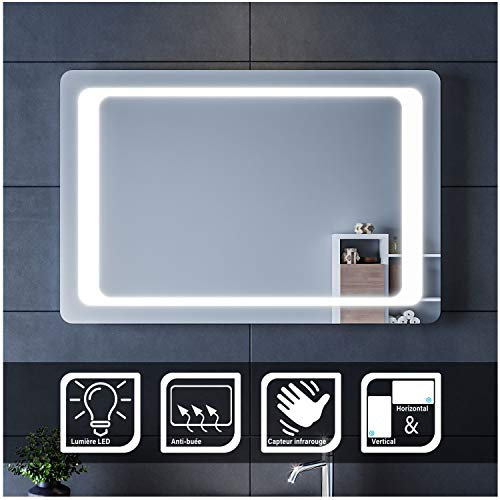 SIRHONA Miroir de Salle Bain LED 90x60cm Anti-buée Miroir de Salle de Bains avec éclairage à LED Mirror Cosmetic Applique Murale pour éclairage Illumination avec Capteur de Contrôle