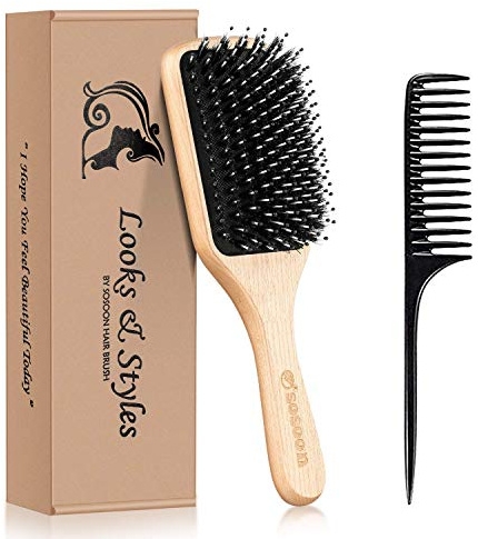 Hair Brush, Sosoon Boar Bristle Paddle Hairbrush for Long Short Thick Thin Curly Straight Wavy Dry Hair for Men Women Kids, No More Tangle, Giftbox & Tail Comb Included