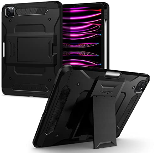 Spigen Tough Armor Pro Hülle Kompatibel Mit iPad Pro 11 Zoll Generation 4 2022 | 3 2021 | 2 2020 | 1 2018 mit Apple Pencil (2. Gen) Halter - Schwarz