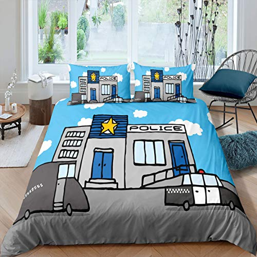 Loussiesd Polizei Muster Bettbezug Teen Jungen Blau Grau Kinder Bettwäsche Set 135x200cm niedlichen Karikatur Auto Schlafzimmer Dekor Bettwäsche für Mädchen Weiche Mikrofaser Betten Set