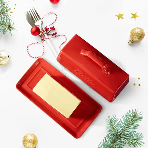 Bruntmor Elegant Porcelain Butter Dish with Lid, Covered Butter Keeper - Handle Design - Dishwasher Safe, 7.5 Inch Wide, Red