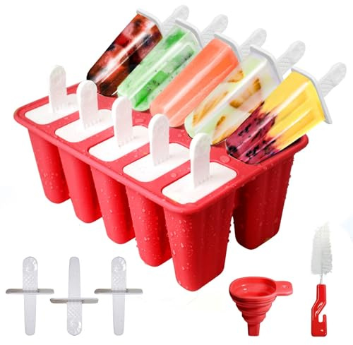 Ice Lolly Moulds with Sticks,10-Hole Silicone Popsicle Moulds, Non-Stick Ice Cream Moulds with Cleaning Brush and Folding Funnel, BPA Free