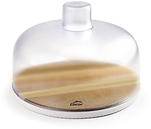 LACOR - 62404 - Quesera Redonda con Tapa de Plástico, Base de Madera de Acacia Natural, Recipiente para Conservar y Cortar Quesos, Embutidos y otros Alimentos, Tapa Opaca, Libre de BPA, Ø26