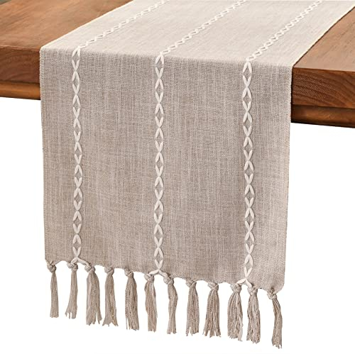 Wracra Baumwoll Leinen Tischläufer Bauernhaus Stil Kaffee Tischläufer 180cm mit Handquasten für Partys, Esszimmer-Dekorationen, Dessert-Tischdekoration(Leichter Kaffee, 180cm)