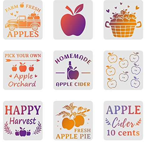 FINGERINSPIRE 9Pcs Apfel Zeichnung Schablone 30x30cm Farm Harvest Malvorlage Apfel Obst DIY Handwerk Wiederverwendbare Schablone Farm Apfel Orchard Schablone zum Malen auf Holz, Wand, Stoff