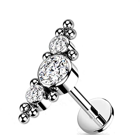 Paula & Fritz® Push-In Labret Piercing Zirkonia Klar Titan-IUM Grade 23 Piercing Kugel 1,2-mm Stab-Dicke 8-mm Lang Madonna Medusa Monroe Knorpel Ohr-Stecker
