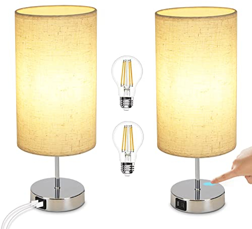 GBLY Nachttischlampe Touch Dimmbar 2er Set - Modern Tischlampe mit USB Anschlüsse, Schlafzimmer Nachttisch Lampe mit Ladefunktion, Chrom Bettlampe mit Stoffschirm, Tischleuchte E27 für Hotel Bett