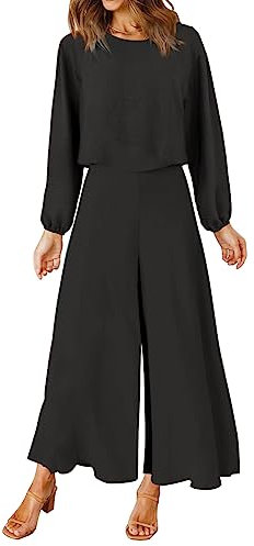 ROYLAMP Women's Summer 2 Piece Outfits Round Neck Crop Basic Top Cropped Wide Leg Pants Set Jumpsuits, Z: Black, L