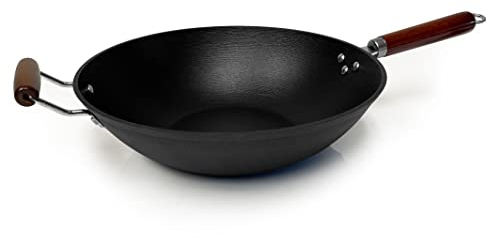 21st & Main Leichte Gusseisen-Wok, Rührpfanne, Holzgriff, 35,6 cm, Kochpfanne, vorgewürzte Antihaftbeschichtung, gewerbliche und private Haushalt, für chinesisches Japanisch und andere Kochen