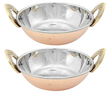 Nobel Balti Serving Dish, Hammered Polished Copper & Stainless-Steel Inner Layer Kadai for Currys Meal Double Insulated Dishes- Set of 2 (15 cm (6 Inches))
