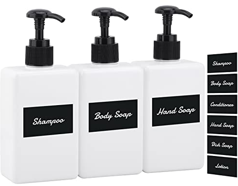 Segus Seifenspender Set mit Schwarzes Quadratisches Etikett, 3 Stück 280ml Kleine Leere Flüssigseifenpumpflasche für Bad Organizer, Nachfüllen mit Shampoo, Duschgel, Körpercreme, Massageöl, Weiß