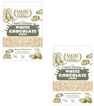 Bakers Street White Chocolate Chips 2X1Kg BakeStable Chocolate For Baking & Desserts - Ideal for Cakes, Cookies, Muffins, Decorating