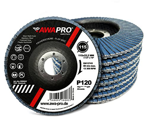 AWAPRO Fächerscheibe | Ø 115mm | Korn 40 | 50 Stück - Blau Zirkon für Metall, Stahl, Edelstahl - Schleifscheiben Lamellenscheiben Fächerschleifer