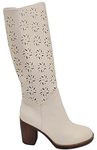 Malu Shoes Stivali donna estivo alto punta tonda beige ghiaccio gambale morbido forato al ginocchio tacco largo 6 cm comodo (39 EU)
