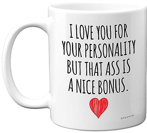 Stuff4 Anniversary Mugs for Her - I Love You Ass Bonus Mug - Funny Birthday Gifts for Girlfriend Wife Partner from Boyfriend Husband Valentines Present, 11oz Ceramic Dishwasher Safe Mugs