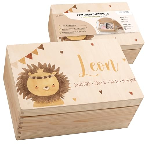 KIDSMOOD Handgefertigte Baby Holzkiste Aufbewahrungsbox mit Deckel, Individuelle Erinnerungsbox Baby, Babybox personalisiert mit Wunschdaten, Erinnerungskiste Baby als Geschenk zur Geburt
