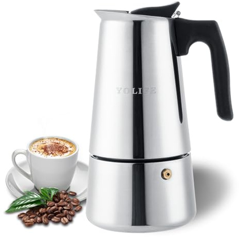 YOLIFE Stovetop Espresso Maker, Small Italian Moka Pot, Cafe Maker for Coffee, Cappuccino and Latte, Stainless Steel, 450 ml / 16 oz/ 9 Espresso Cups (per cup= 50 ml)