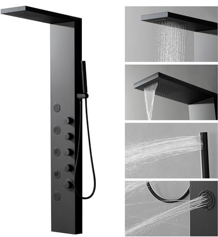 Homevacious Pannello doccia a torre in acciaio inox, soffione doccia a cascata, 5 getti massaggianti e palmare, pannello doccia multifunzione da parete, nero opaco