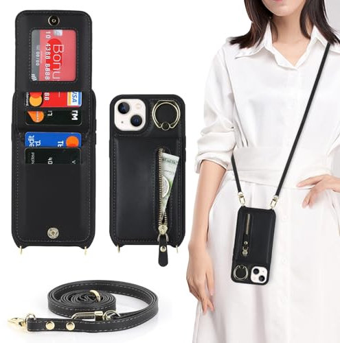 Zouzt for iPhone 14 Plus Case with Cord and Card Holde, Zipper Wallet Case with Crossbody Lanyard Ring Adjustable Necklace Protective Cover Women for iPhone 14 Plus 6.7 Inch - Black