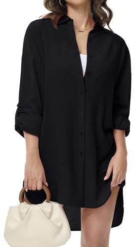 Tanmolo Damen Bluse V-Ausschnitt Hemdbluse Langarm Lässiges Hemd zum Knöpfen Langarmshirt Casual Oberteile Aufrollen Tops (Schwarz,S)