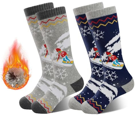 HYCLES Kinder Ski Socken für Jungen Mädchen, 2-Paar Thermosocken bunte warme Ski Socken für Kinder, weiche atmungsaktive Winter Outdoor Ski Socken für Skifahren Skaten Snowboarden