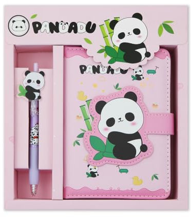 2 in 1 Cute Panda Theme Stationery Gift Box Set Includes 1 Pcs A6 Cartoon Panda Notebook Journal Hardcover Notepad Diary and Pen Gift for Birthday Christmas Kids Study Office School Supplies (Pink)