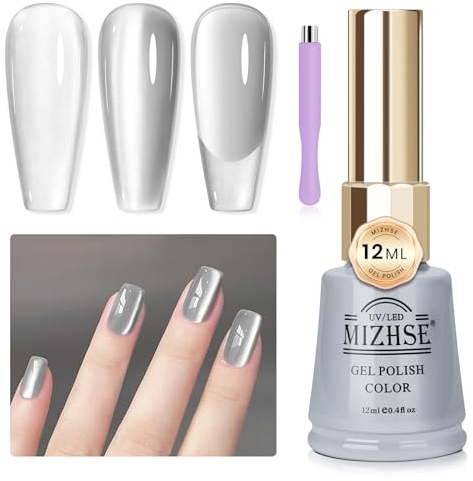 MIZHSE Cat Eye UV Cel Silver 12ML Cateye UV Gel Mondlicht Glass, Silver Cateye Magnet Katzenauge Gel Nail Polish mit 1 Magnet, Magnetischer Nagellack Glitzer Herbst Winter Maniküre und Nagelkunst
