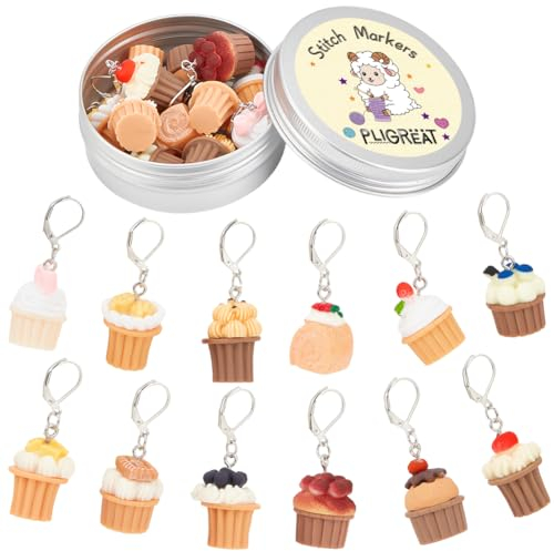 PLIGREAT 12 Stück Niedliche Mini Cupcake Maschenmarkierer Stricken Verriegeln Häkelmarkierer für Oma Mama DIY Geschenke Weben Quilten Nähwerkzeug DIY Schmuck Herstellung Zubehör Dreadlocks Dekor