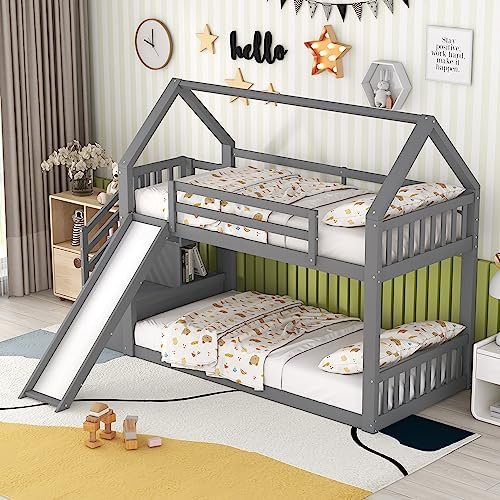 Zravenna Hochbett 90x200cm, Hausbett Etagenbett mit Rutsche, Stockbett für 2 Kinder Doppelbett mit Stauraumtreppe und Rutsche, Kinderbett mit Geländer, Geeignet für Kinder, Grau (Grau, 90x200cm)