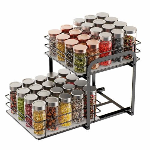 TDSYDS Gewürzregal Ausziehbar 2 Etagen, Gewürz Organizer Schrank,Gewürzständer Stehend,Spülschrank Organizer,Spice Rack,Küchenschrank Regal Ausziehbar L28*B24*H25CM, Geeignet Meisten Küchenschränke