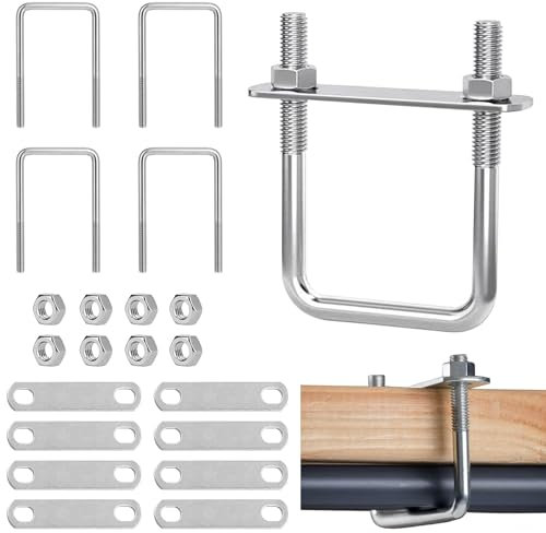 4 tornillos M10, 80 mm x 150 mm, tornillos en U con 8 contraplacas, tornillos en U para fijación de vallas, fijación de tubos, remolque de coche