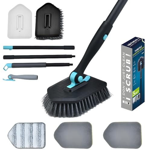 3 en 1 Cepillo de Limpieza de Ducha,con Mango Telescópico (128 cm), Cabezales Intercambiables, Cepillo de Limpieza de Cerdas Duras Desmontable,para Baño, Bañera, Balcón, Azulejo y Plato de Ducha