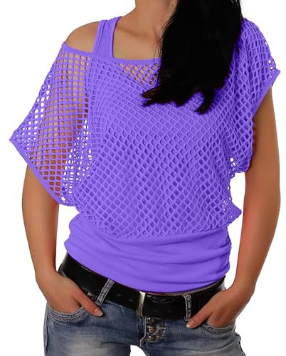 Women 80s T Shirts Neon Fishnet Mesh Top Off Shoulder Tops for Women Woman Long Tees (Purple, XL)