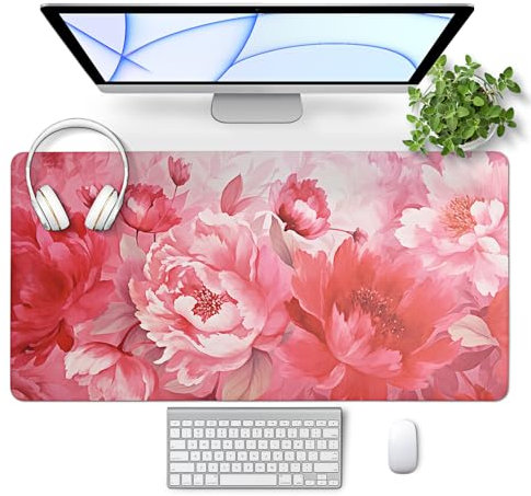 Creinkim Wasserdichte Schreibtischunterlage aus PU-Leder mit Blumenmuster für den Schreibtisch, großes Mauspad, niedlich, für Damen, Büro und Zuhause, 80 x 40 cm