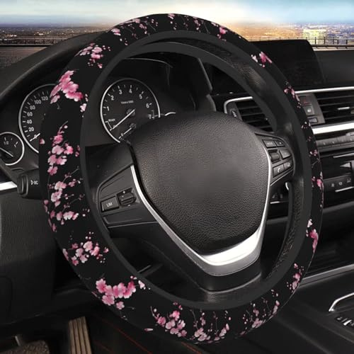 Lenkradbezug mit rosa Blumenmuster, Kirschblüten-Blumen, Autozubehör, universelle Passform, 14 1/2 Zoll bis 15 Zoll Lenkrad, roter Lenkradschutz, schwarz