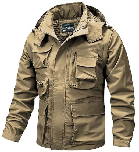 Giacca con cappuccio da uomo, giacca militare staccabile, giacca militare tattica all'aperto, giacca softshell per passeggiate e campeggio, con tasche multiple, giacca a vento con cerniera completa,