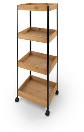 LIN HOME Carrito de Almacenamiento de Madera y Metal Multiuso 35x25x95cm con 4 Estantes - Mueble Auxiliar para Almacenaje Ideal para Baño, Cocina, Salón
